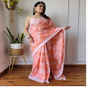 Printed Silk Mulmul Saree with Blouse