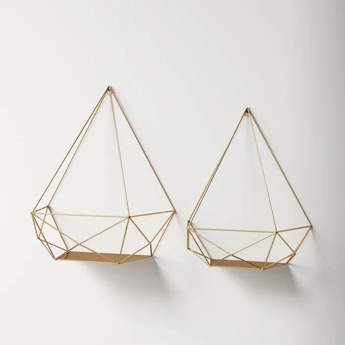Geometric Gold Metal Wall Shelf Set